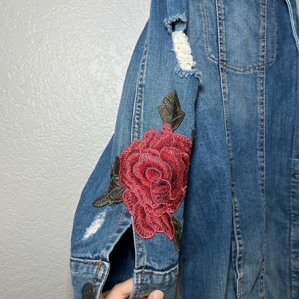 Express Jean Denim Jacket Women's Large Floral Distressed Embroidered Boho - Picture 4 of 7